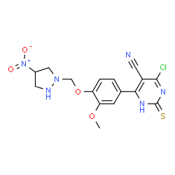 ChemSpider 2D Image | 4-Chloro-6-{3-methoxy-4-[(4-nitro-1-pyrazolidinyl)methoxy]phenyl}-2-thioxo-1,2-dihydro-5-pyrimidinecarbonitrile | C16H15ClN6O4S