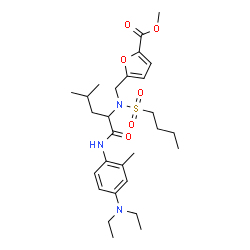 ChemSpider 2D Image | Methyl 5-{[(butylsulfonyl)(1-{[4-(diethylamino)-2-methylphenyl]amino}-4-methyl-1-oxo-2-pentanyl)amino]methyl}-2-furoate | C28H43N3O6S