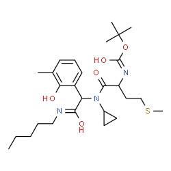 ChemSpider 2D Image | 2-Methyl-2-propanyl [1-{cyclopropyl[1-(2-hydroxy-3-methylphenyl)-2-oxo-2-(pentylamino)ethyl]amino}-4-(methylsulfanyl)-1-oxo-2-butanyl]carbamate | C27H43N3O5S