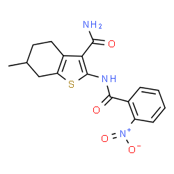 ChemSpider 2D Image | 6-Methyl-2-[(2-nitrobenzoyl)amino]-4,5,6,7-tetrahydro-1-benzothiophene-3-carboxamide | C17H17N3O4S