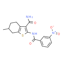 ChemSpider 2D Image | 6-Methyl-2-[(3-nitrobenzoyl)amino]-4,5,6,7-tetrahydro-1-benzothiophene-3-carboxamide | C17H17N3O4S