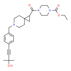 ChemSpider 2D Image | Ethyl 4-({6-[4-(3-hydroxy-3-methyl-1-butyn-1-yl)benzyl]-6-azaspiro[2.5]oct-1-yl}carbonyl)-1-piperazinecarboxylate | C27H37N3O4