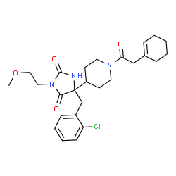 ChemSpider 2D Image | 5-(2-Chlorobenzyl)-5-[1-(1-cyclohexen-1-ylacetyl)-4-piperidinyl]-3-(2-methoxyethyl)-2,4-imidazolidinedione | C26H34ClN3O4