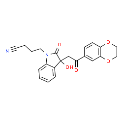 ChemSpider 2D Image | 4-{3-[2-(2,3-Dihydro-1,4-benzodioxin-6-yl)-2-oxoethyl]-3-hydroxy-2-oxo-2,3-dihydro-1H-indol-1-yl}butanenitrile | C22H20N2O5