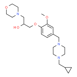 ChemSpider 2D Image | 1-(4-{[4-(Cyclopropylmethyl)-1-piperazinyl]methyl}-2-methoxyphenoxy)-3-(4-morpholinyl)-2-propanol | C23H37N3O4