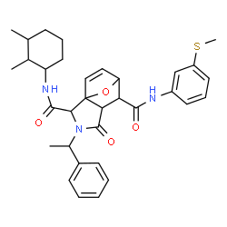 ChemSpider 2D Image | N~2~-(2,3-Dimethylcyclohexyl)-N~6~-[3-(methylsulfanyl)phenyl]-4-oxo-3-(1-phenylethyl)-10-oxa-3-azatricyclo[5.2.1.0~1,5~]dec-8-ene-2,6-dicarboxamide | C33H39N3O4S