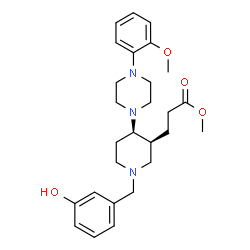 ChemSpider 2D Image | Methyl 3-{(3S,4R)-1-(3-hydroxybenzyl)-4-[4-(2-methoxyphenyl)-1-piperazinyl]-3-piperidinyl}propanoate | C27H37N3O4