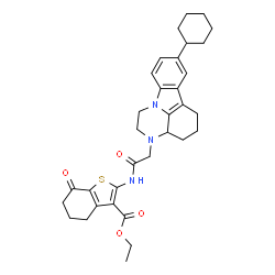 ChemSpider 2D Image | Ethyl 2-{[(8-cyclohexyl-1,2,3a,4,5,6-hexahydro-3H-pyrazino[3,2,1-jk]carbazol-3-yl)acetyl]amino}-7-oxo-4,5,6,7-tetrahydro-1-benzothiophene-3-carboxylate | C33H39N3O4S