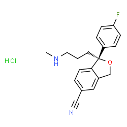 ChemSpider 2D Image | (1R)-1-(4-Fluorophenyl)-1-[3-(methylamino)propyl]-1,3-dihydro-2-benzofuran-5-carbonitrile hydrochloride (1:1) | C19H20ClFN2O
