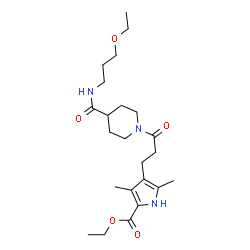 ChemSpider 2D Image | Ethyl 4-(3-{4-[(3-ethoxypropyl)carbamoyl]-1-piperidinyl}-3-oxopropyl)-3,5-dimethyl-1H-pyrrole-2-carboxylate | C23H37N3O5