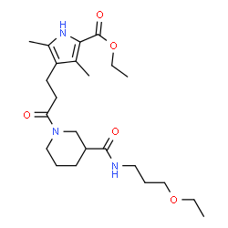 ChemSpider 2D Image | Ethyl 4-(3-{3-[(3-ethoxypropyl)carbamoyl]-1-piperidinyl}-3-oxopropyl)-3,5-dimethyl-1H-pyrrole-2-carboxylate | C23H37N3O5