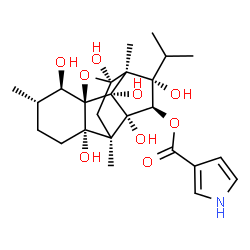 ChemSpider 2D Image | (1R,2R,3S,6S,7R,9R,10S,11S,12R,13S,14R)-2,6,9,11,13,14-Hexahydroxy-11-isopropyl-3,7,10-trimethyl-15-oxapentacyclo[7.5.1.0~1,6~.0~7,13~.0~10,14~]pentadec-12-yl 1H-pyrrole-3-carboxylate | C25H35NO9