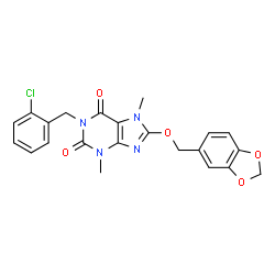 ChemSpider 2D Image | 8-(1,3-Benzodioxol-5-ylmethoxy)-1-(2-chlorobenzyl)-3,7-dimethyl-3,7-dihydro-1H-purine-2,6-dione | C22H19ClN4O5