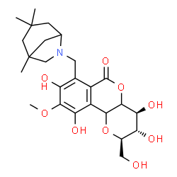 ChemSpider 2D Image | (2R,3S,4S)-3,4,8,10-Tetrahydroxy-2-(hydroxymethyl)-9-methoxy-7-[(1,3,3-trimethyl-6-azabicyclo[3.2.1]oct-6-yl)methyl]-3,4,4a,10b-tetrahydropyrano[3,2-c]isochromen-6(2H)-one | C25H35NO9