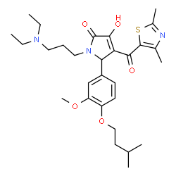 ChemSpider 2D Image | 1-[3-(Diethylamino)propyl]-4-[(2,4-dimethyl-1,3-thiazol-5-yl)carbonyl]-3-hydroxy-5-[3-methoxy-4-(3-methylbutoxy)phenyl]-1,5-dihydro-2H-pyrrol-2-one | C29H41N3O5S
