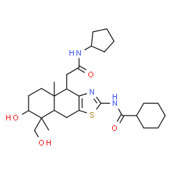 ChemSpider 2D Image | N-{4-[2-(Cyclopentylamino)-2-oxoethyl]-7-hydroxy-8-(hydroxymethyl)-4a,8-dimethyl-4,4a,5,6,7,8,8a,9-octahydronaphtho[2,3-d][1,3]thiazol-2-yl}cyclohexanecarboxamide | C28H43N3O4S