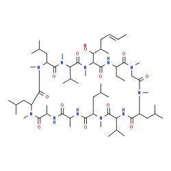 ChemSpider 2D Image | 30-Ethyl-33-[(4E)-1-hydroxy-2-methylhex-4-en-1-yl]-6,9,18,24-tetraisobutyl-3,21-diisopropyl-1,4,7,10,12,15,19,25,28-nonamethyl-1,4,7,10,13,16,19,22,25,28,31-undecaazacyclotritriacontane-2,5,8,11,14,17,20,23,26,29,32-undecone | C62H111N11O12