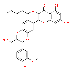 ChemSpider 2D Image | 5,7-Dihydroxy-2-[3-(4-hydroxy-3-methoxyphenyl)-2-(hydroxymethyl)-2,3-dihydro-1,4-benzodioxin-6-yl]-3-(pentyloxy)-4H-chromen-4-one | C30H30O10