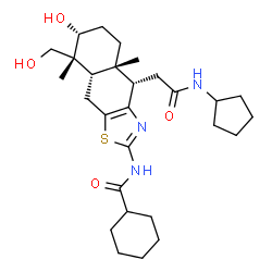 ChemSpider 2D Image | N-[(4S,4aS,7R,8R,8aS)-4-[2-(Cyclopentylamino)-2-oxoethyl]-7-hydroxy-8-(hydroxymethyl)-4a,8-dimethyl-4,4a,5,6,7,8,8a,9-octahydronaphtho[2,3-d][1,3]thiazol-2-yl]cyclohexanecarboxamide | C28H43N3O4S