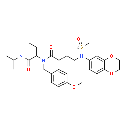 ChemSpider 2D Image | 4-[2,3-Dihydro-1,4-benzodioxin-6-yl(methylsulfonyl)amino]-N-[1-(isopropylamino)-1-oxo-2-butanyl]-N-(4-methoxybenzyl)butanamide | C28H39N3O7S