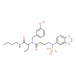 ChemSpider 2D Image | 4-[1,3-Benzodioxol-5-yl(methylsulfonyl)amino]-N-[1-(butylamino)-1-oxo-2-butanyl]-N-(3-methoxybenzyl)butanamide | C28H39N3O7S