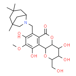 ChemSpider 2D Image | 3,4,8,10-Tetrahydroxy-2-(hydroxymethyl)-9-methoxy-7-[(1,3,3-trimethyl-6-azabicyclo[3.2.1]oct-6-yl)methyl]-3,4,4a,10b-tetrahydropyrano[3,2-c]isochromen-6(2H)-one | C25H35NO9