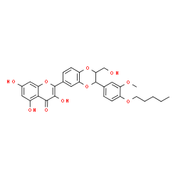 ChemSpider 2D Image | 3,5,7-Trihydroxy-2-{2-(hydroxymethyl)-3-[3-methoxy-4-(pentyloxy)phenyl]-2,3-dihydro-1,4-benzodioxin-6-yl}-4H-chromen-4-one | C30H30O10