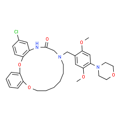 ChemSpider 2D Image | 3-Chloro-8-[2,5-dimethoxy-4-(4-morpholinyl)benzyl]-7,8,9,10,11,12,13,14-octahydrodibenzo[b,e][1,4,7,10]dioxadiazacyclohexadecin-6(5H)-one | C33H40ClN3O6