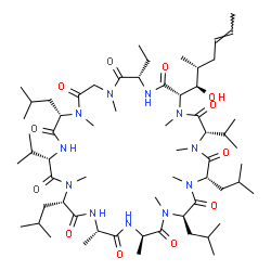 ChemSpider 2D Image | (3S,6S,9R,12R,15S,18S,21S,24S,30S,33S)-30-Ethyl-33-[(1R,2R,4E)-1-hydroxy-2-methyl-4-hexen-1-yl]-6,9,18,24-tetraisobutyl-3,21-diisopropyl-1,4,7,10,12,15,19,25,28-nonamethyl-1,4,7,10,13,16,19,22,25,28,3
1-undecaazacyclotritriacontane-2,5,8,11,14,17,20,23,26,29,32-undecone | C62H111N11O12