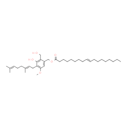 ChemSpider 2D Image | 4-[(2E)-3,7-Dimethyl-2,6-octadien-1-yl]-3-hydroxy-2-(hydroxymethyl)-5-methoxybenzyl (9E)-9-octadecenoate | C37H60O5