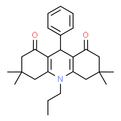 ChemSpider 2D Image | 3,3,6,6-Tetramethyl-9-phenyl-10-propyl-3,4,6,7,9,10-hexahydro-1,8(2H,5H)-acridinedione | C26H33NO2