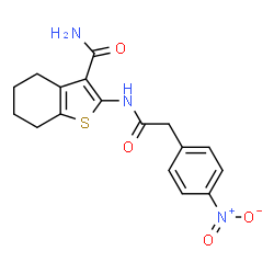 ChemSpider 2D Image | 2-{[(4-Nitrophenyl)acetyl]amino}-4,5,6,7-tetrahydro-1-benzothiophene-3-carboxamide | C17H17N3O4S