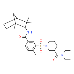 ChemSpider 2D Image | N,N-Diethyl-1-({2-methyl-5-[(1,3,3-trimethylbicyclo[2.2.1]hept-2-yl)carbamoyl]phenyl}sulfonyl)-3-piperidinecarboxamide | C28H43N3O4S