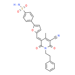 ChemSpider 2D Image | 4-(5-{(E)-[5-Cyano-4-methyl-2,6-dioxo-1-(2-phenylethyl)-1,6-dihydro-3(2H)-pyridinylidene]methyl}-2-furyl)benzenesulfonamide | C26H21N3O5S