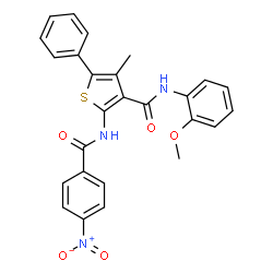 ChemSpider 2D Image | N-(2-Methoxyphenyl)-4-methyl-2-[(4-nitrobenzoyl)amino]-5-phenyl-3-thiophenecarboxamide | C26H21N3O5S