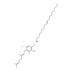 ChemSpider 2D Image | 4-[(2E)-3,7-Dimethyl-2,6-octadien-1-yl]-2-formyl-3-hydroxy-5-methoxybenzyl (9E)-9-octadecenoate | C37H58O5