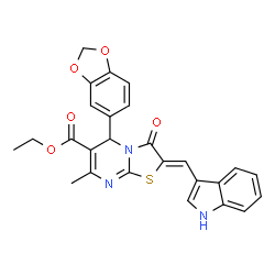 ChemSpider 2D Image | Ethyl (2Z)-5-(1,3-benzodioxol-5-yl)-2-(1H-indol-3-ylmethylene)-7-methyl-3-oxo-2,3-dihydro-5H-[1,3]thiazolo[3,2-a]pyrimidine-6-carboxylate | C26H21N3O5S