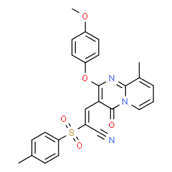 ChemSpider 2D Image | (2E)-3-[2-(4-Methoxyphenoxy)-9-methyl-4-oxo-4H-pyrido[1,2-a]pyrimidin-3-yl]-2-[(4-methylphenyl)sulfonyl]acrylonitrile | C26H21N3O5S