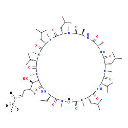 ChemSpider 2D Image | (3S,6S,9S,12R,15S,18S,21S,24S,30S,33S)-30-Ethyl-33-[(1R,2R,4E)-1-hydroxy-2-methyl(5,6-~13~C_2_,5,6,6,6-~2~H_4_)-4-hexen-1-yl]-6,9,18,24-tetraisobutyl-3,21-diisopropyl-1,4,7,10,12,15,19,25,28-nonamethy
l-1,4,7,10,13,16,19,22,25,28,31-undecaazacyclotritriacontane-2,5,8,11,14,17,20,23,26,29,32-undecone | C6013C2H107D4N11O12